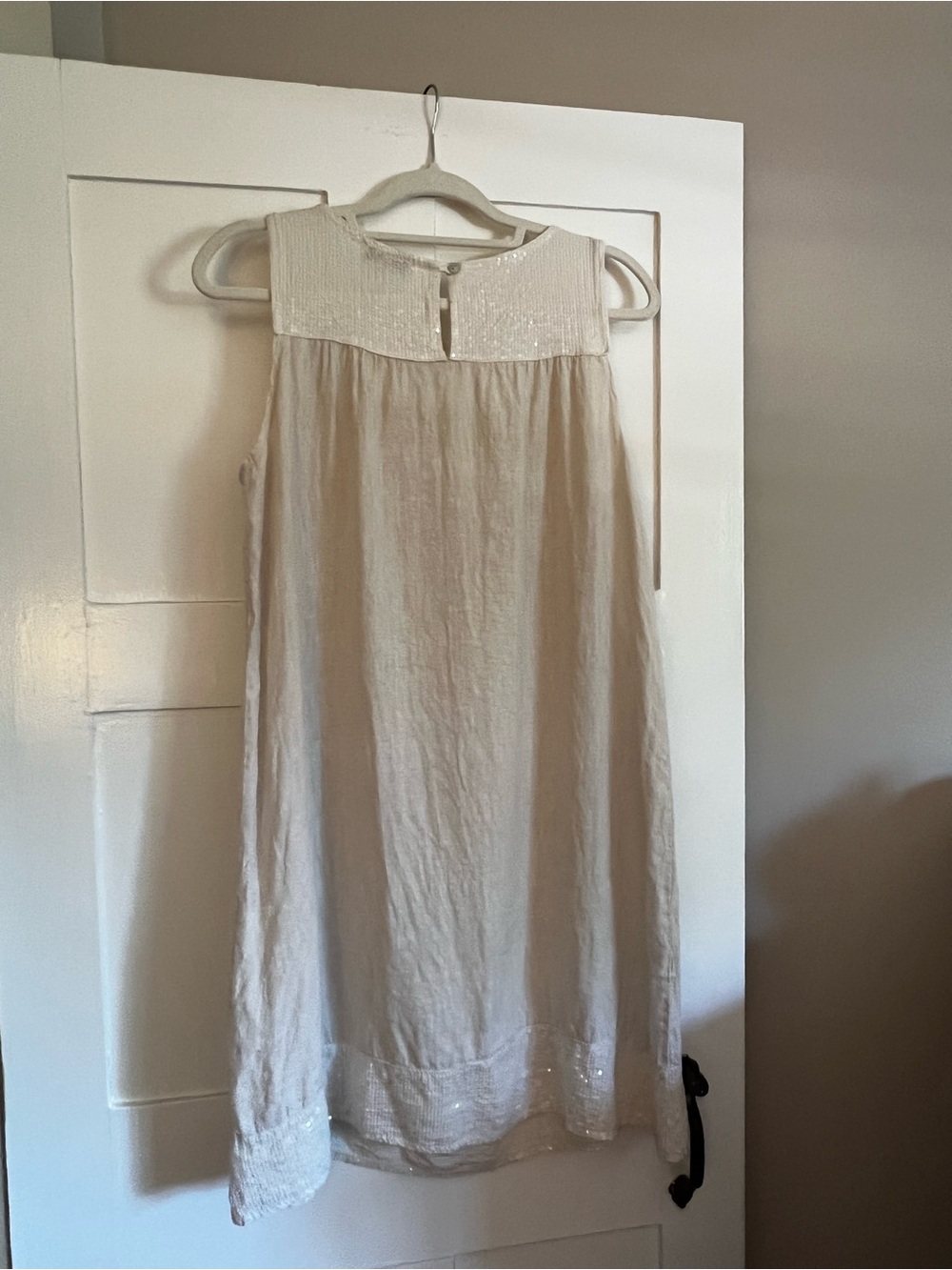 Sleeveless Ivory Sequin Yoke Linen Shift Dress - Picture 5 of 9